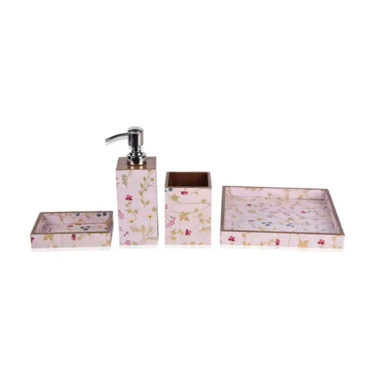 Ista Wooden Bathroom Set Of 4 | Rectangular Design | Dispenser | Soap Dish