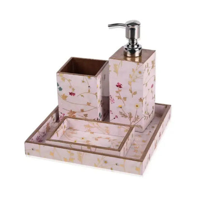 Ista Wooden Bathroom Set Of 4 | Rectangular Design | Dispenser | Soap Dish