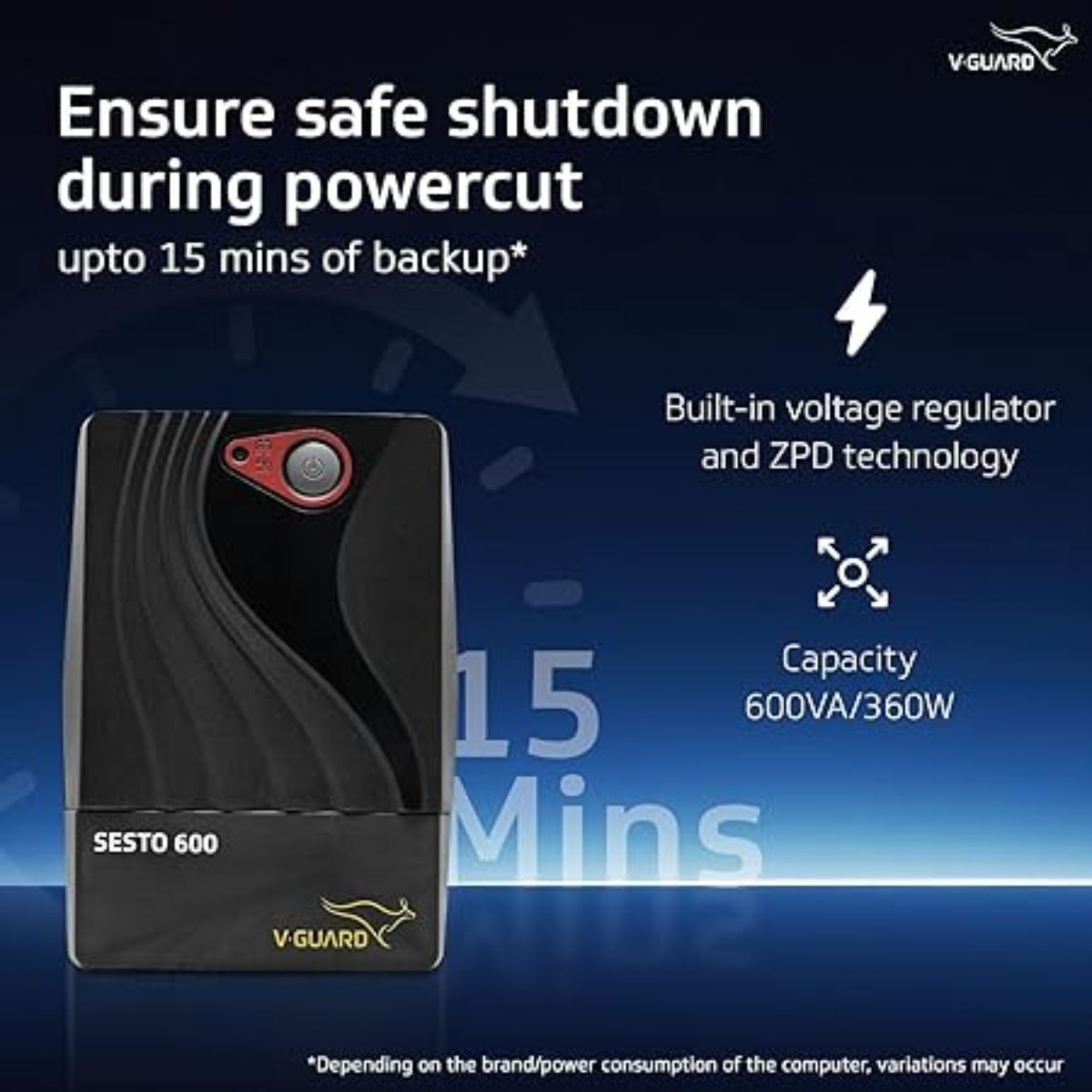 V-Guard Sesto 600 UPS for Power Backup & Protection | Capacity 600VA/300W | Working Range 140-300 VAC (Black)
