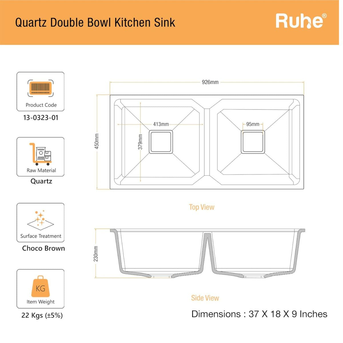 Ruhe Quartz Double Bowl 37x18x9 Inches Kitchen Sink
