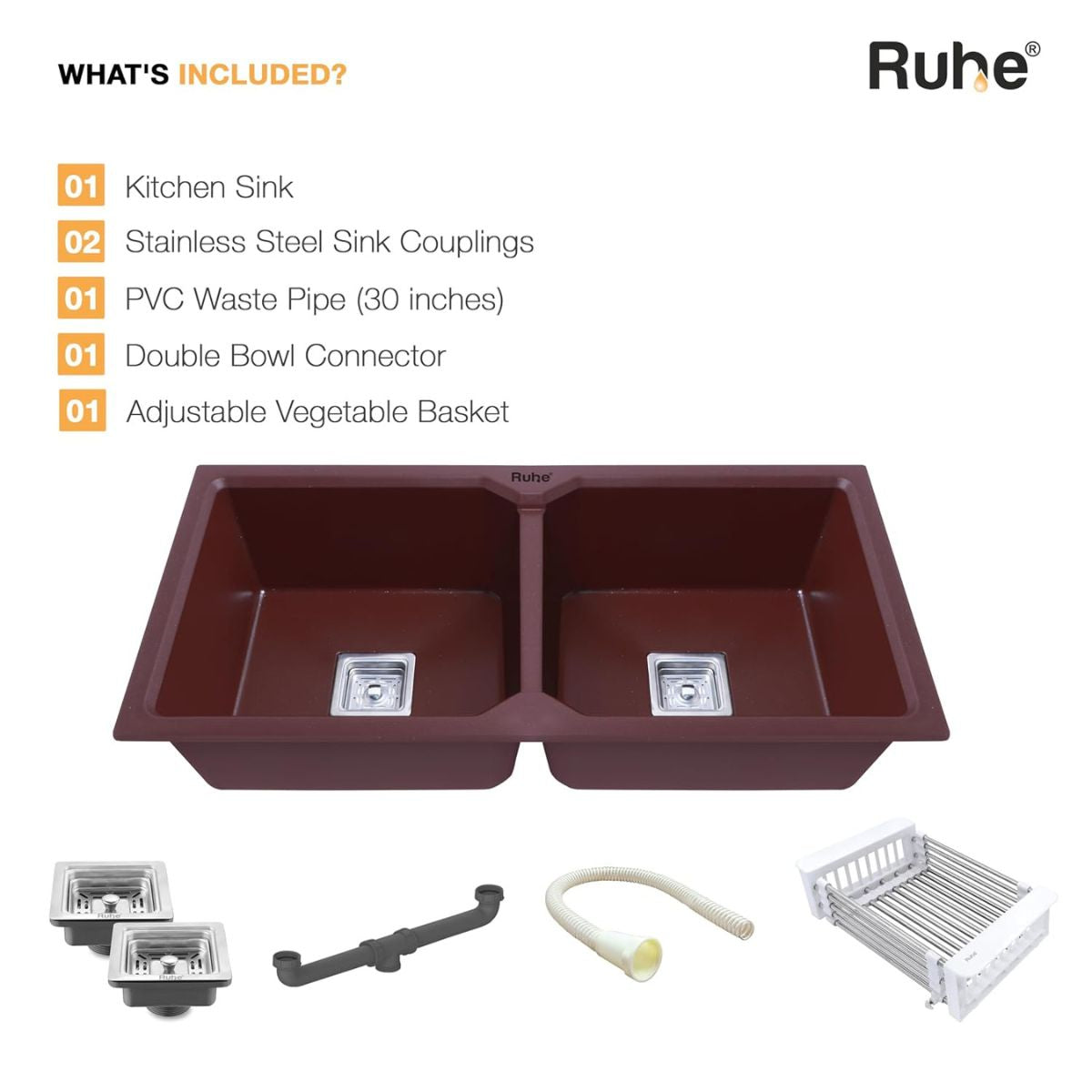 Ruhe Quartz Double Bowl 37x18x9 Inches Kitchen Sink