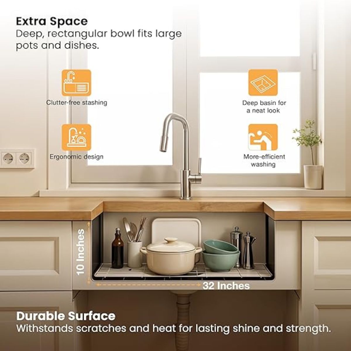 Ruhe Handmade Single Bowl Kitchen Sink with Tap Hole - 32x18x10 inches