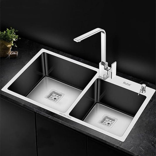 Ruhe 304 Grade Double Bowl with Tap Hole Kitchen Sink | 37 x 18 x 10 inches Stainless Steel Handmade Double Bowl Kitchen Sink with Matte Finish