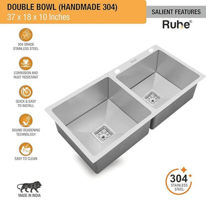 Ruhe 304 Grade Double Bowl with Tap Hole Kitchen Sink | 37 x 18 x 10 inches Stainless Steel Handmade Double Bowl Kitchen Sink with Matte Finish