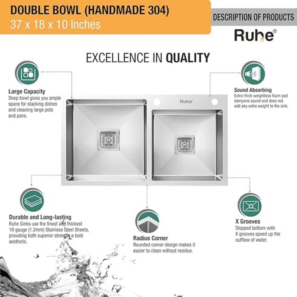 Ruhe 304 Grade Double Bowl with Tap Hole Kitchen Sink | 37 x 18 x 10 inches Stainless Steel Handmade Double Bowl Kitchen Sink with Matte Finish