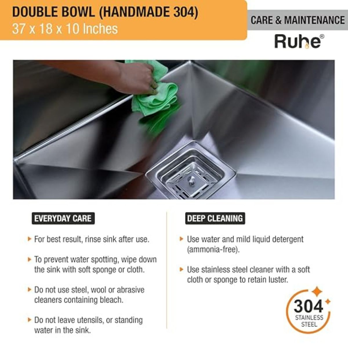Ruhe 304 Grade Double Bowl with Tap Hole Kitchen Sink | 37 x 18 x 10 inches Stainless Steel Handmade Double Bowl Kitchen Sink with Matte Finish