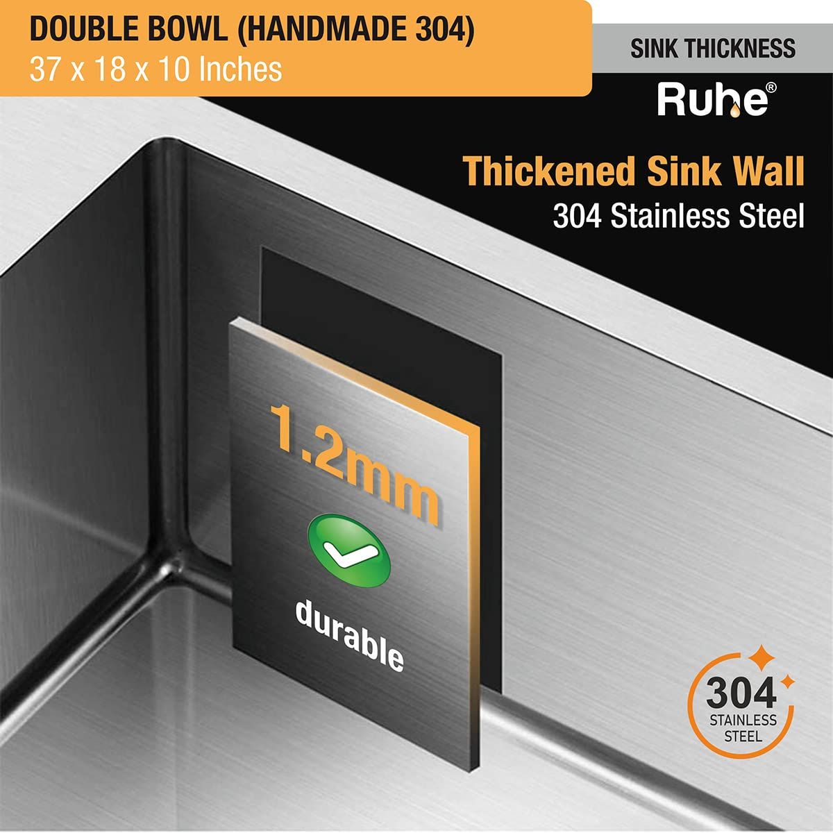 Ruhe 304 Grade Double Bowl with Tap Hole Kitchen Sink | 37 x 18 x 10 inches Stainless Steel Handmade Double Bowl Kitchen Sink with Matte Finish
