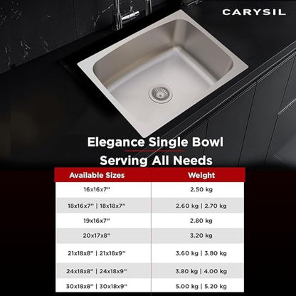 Carysil Elegance Series Single Bowl Kitchen Sink (19x16x7 inches)