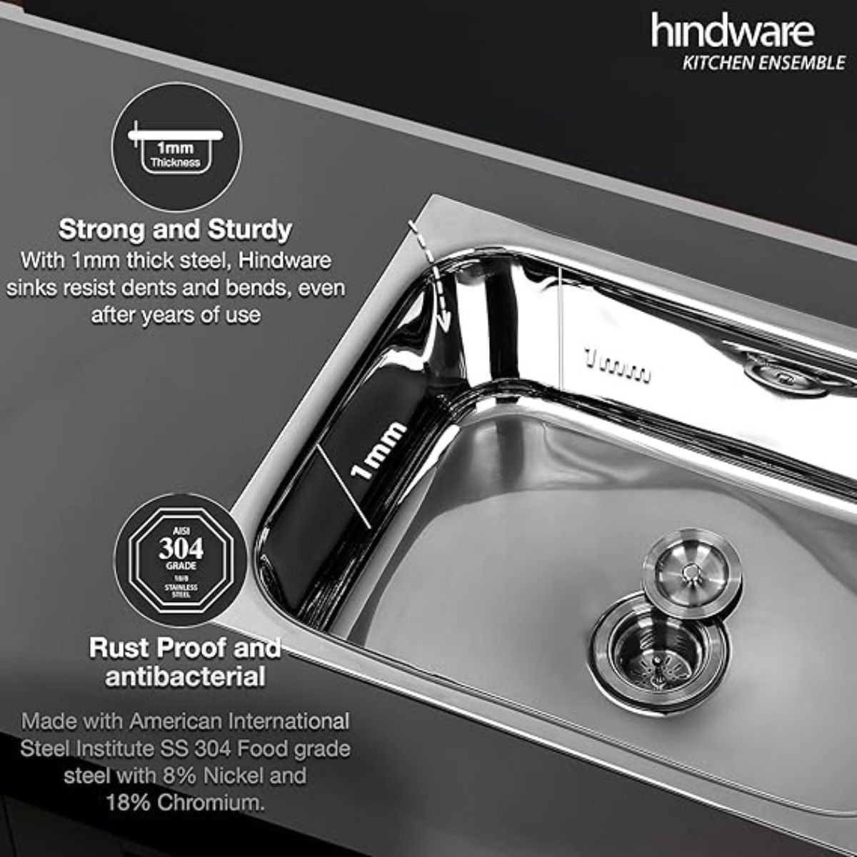 Hindware Kitchen Sink 24"x20"x8"| 304 Grade Stainless Steel | Pressed Single Bowl Sink