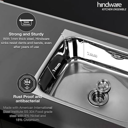 Hindware Kitchen Sink 24"x20"x8"| 304 Grade Stainless Steel | Pressed Single Bowl Sink