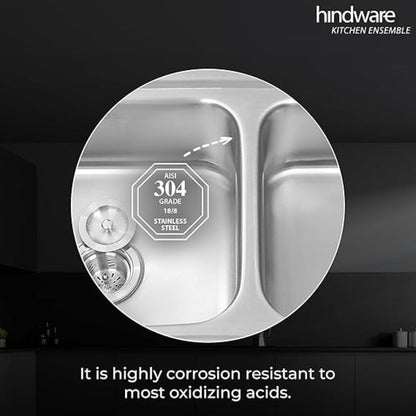 Hindware Kitchen Sink 41"x20"x8"| 304 Grade Stainless Steel | Pressed Double Bowl Sink with Waste Coupling