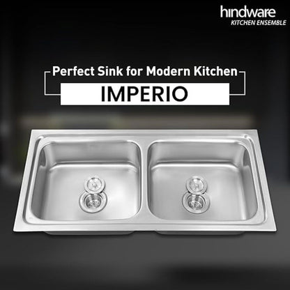 Hindware Kitchen Sink 41"x20"x8"| 304 Grade Stainless Steel | Pressed Double Bowl Sink with Waste Coupling