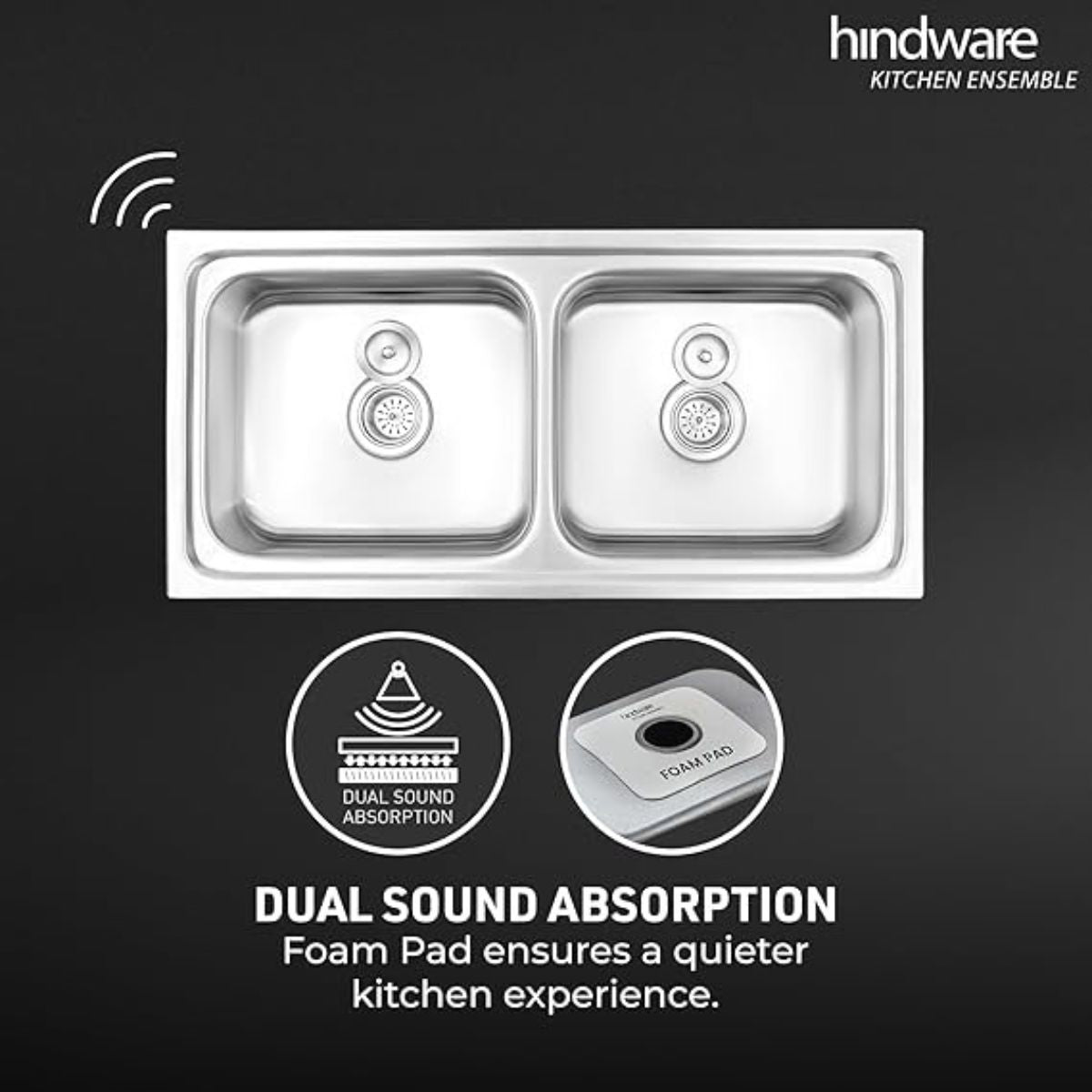 Hindware Kitchen Sink 41"x20"x8"| 304 Grade Stainless Steel | Pressed Double Bowl Sink with Waste Coupling