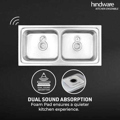 Hindware Kitchen Sink 41"x20"x8"| 304 Grade Stainless Steel | Pressed Double Bowl Sink with Waste Coupling