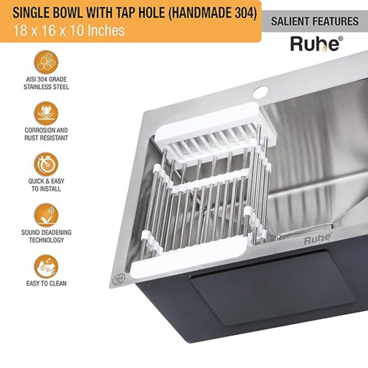 Ruhe 304 Grade Single Bowl with Tap Hole Kitchen Sink | 18 x 16 x 10 inches Stainless Steel