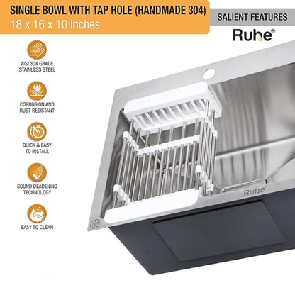 Ruhe 304 Grade Single Bowl with Tap Hole Kitchen Sink | 18 x 16 x 10 inches Stainless Steel