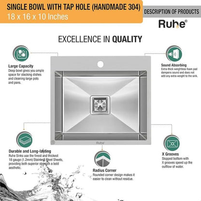 Ruhe 304 Grade Single Bowl with Tap Hole Kitchen Sink | 18 x 16 x 10 inches Stainless Steel