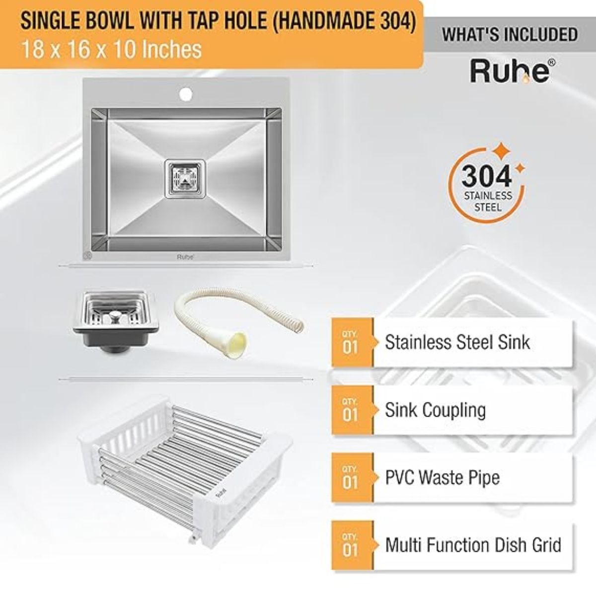 Ruhe 304 Grade Single Bowl with Tap Hole Kitchen Sink | 18 x 16 x 10 inches Stainless Steel
