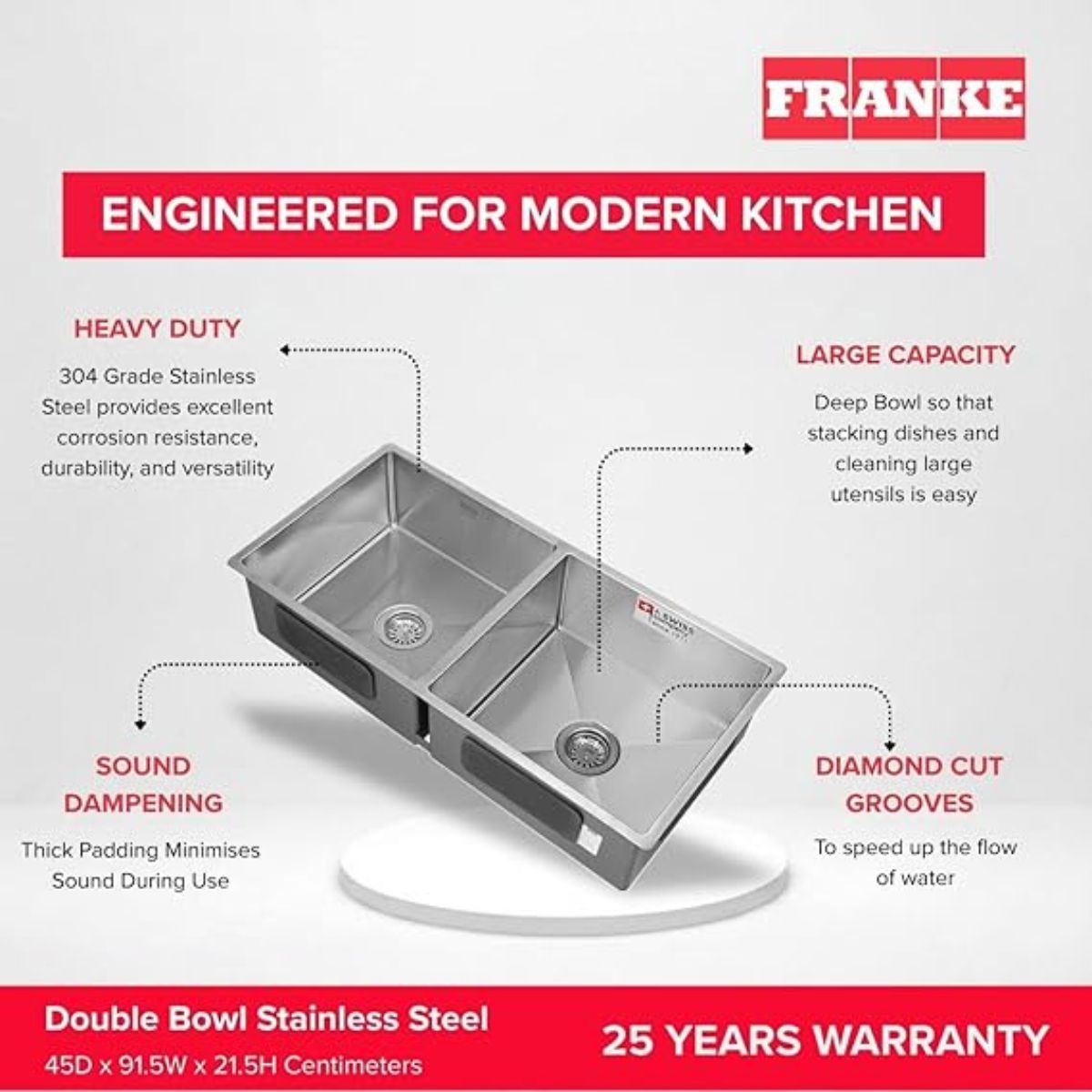 Franke 36"X18"Double Bowl SS Kitchen Box Sink|Premium 304 Stainless Steel