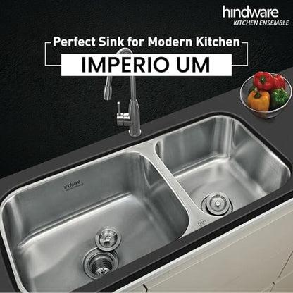 Hindware Kitchen Sink 37"x18"x8"| 304 Grade Stainless Steel | Pressed Double Bowl Sink
