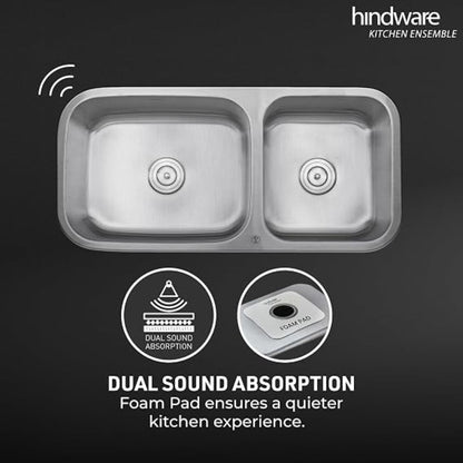 Hindware Kitchen Sink 37"x18"x8"| 304 Grade Stainless Steel | Pressed Double Bowl Sink