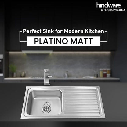 Hindware Kitchen Sink 36"x20"x8"| 304 Grade Stainless Steel | Pressed Single Bowl Sink | Single Drain Board with Waste Coupling