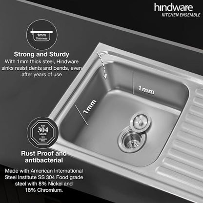 Hindware Kitchen Sink 36"x20"x8"| 304 Grade Stainless Steel | Pressed Single Bowl Sink | Single Drain Board with Waste Coupling