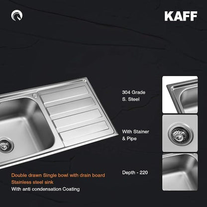 KAFF KSD 10 SBD Single Bowl with Drain Board Stainless Steel Sink
