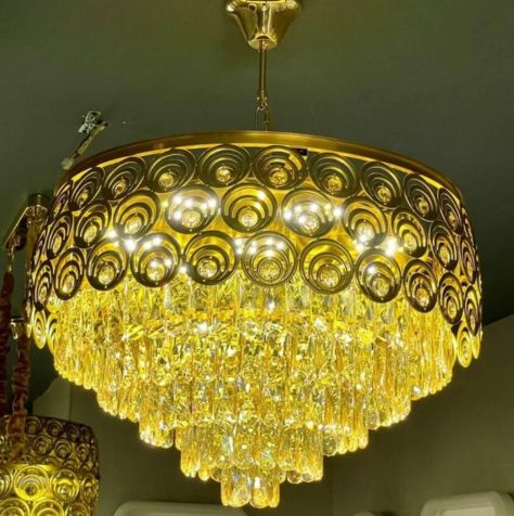 LED Glossy Finish Golden Glass Chandelier, Modern