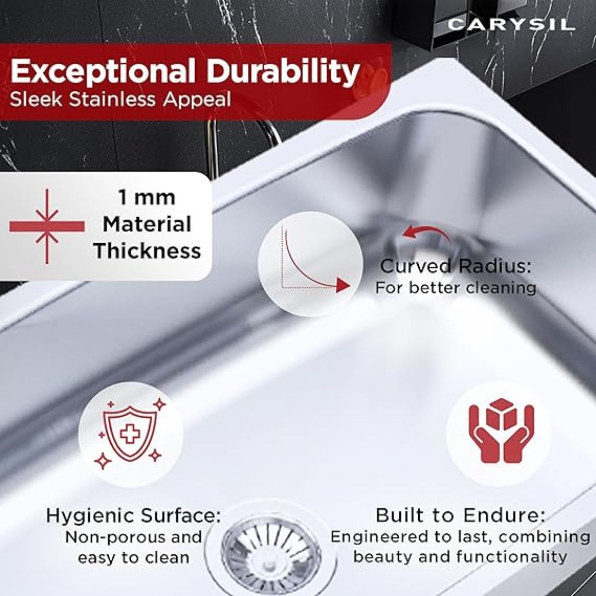 Carysil Elegance Series Single Bowl Kitchen Sink, Stainless Steel Kitchen Sink