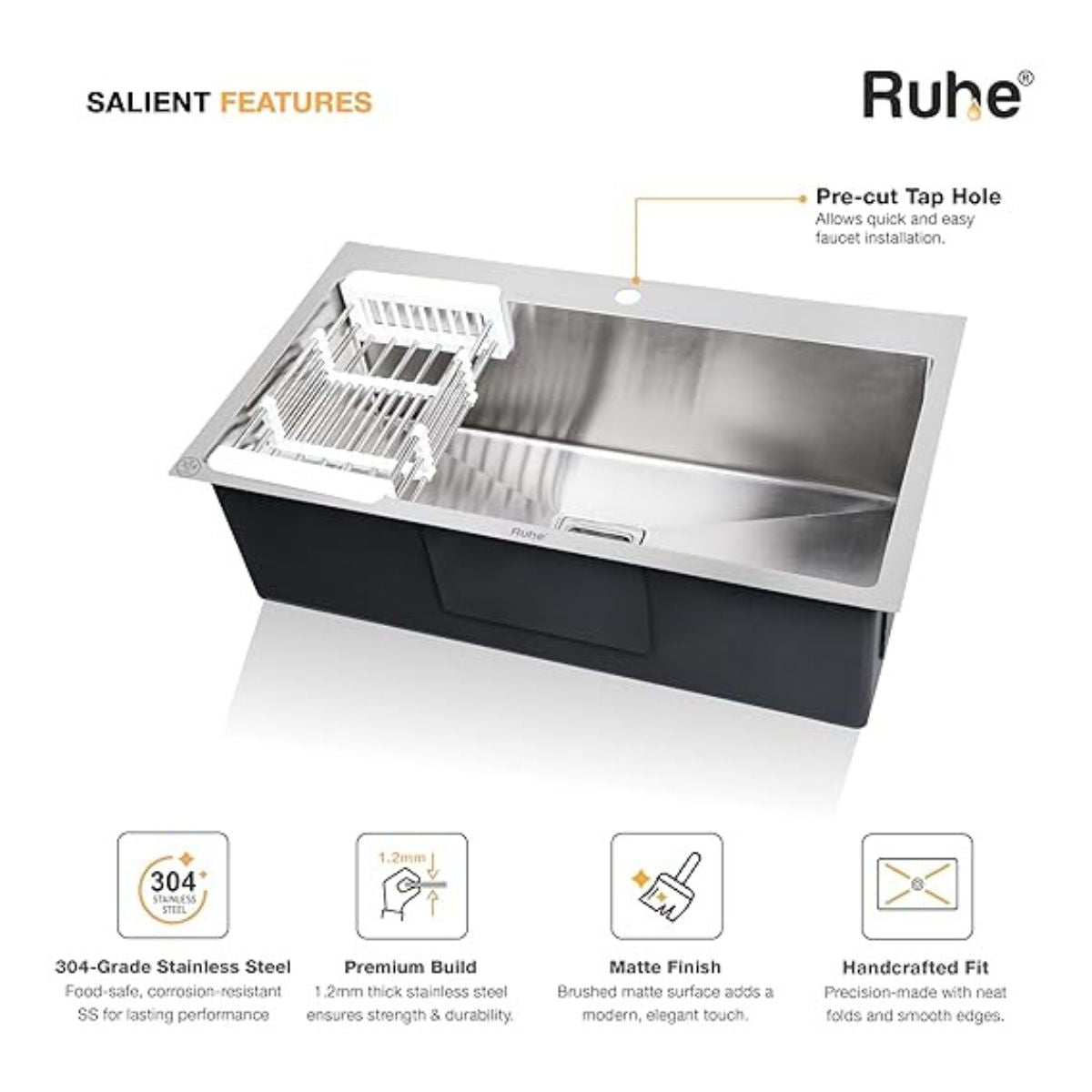 Ruhe Handmade Single Bowl Kitchen Sink with Tap Hole - 32x18x10 inches