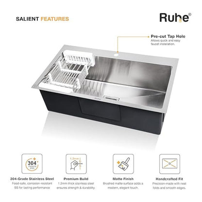 Ruhe Handmade Single Bowl Kitchen Sink with Tap Hole - 32x18x10 inches