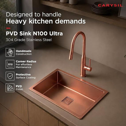 Carysil PVD Finish Handmade Stainless Steel Sink N100 Ultra 24 x 18 x 8 Inch