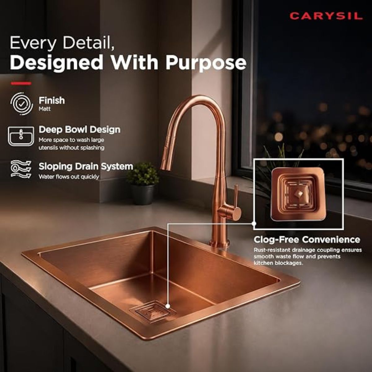 Carysil PVD Finish Handmade Stainless Steel Sink N100 Ultra 24 x 18 x 8 Inch