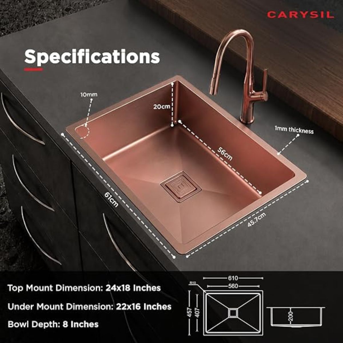 Carysil PVD Finish Handmade Stainless Steel Sink N100 Ultra 24 x 18 x 8 Inch