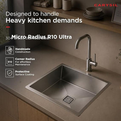 Carysil Micro Radius R10 Handmade 304 Stainless Steel Sink 21x18x8 Inches