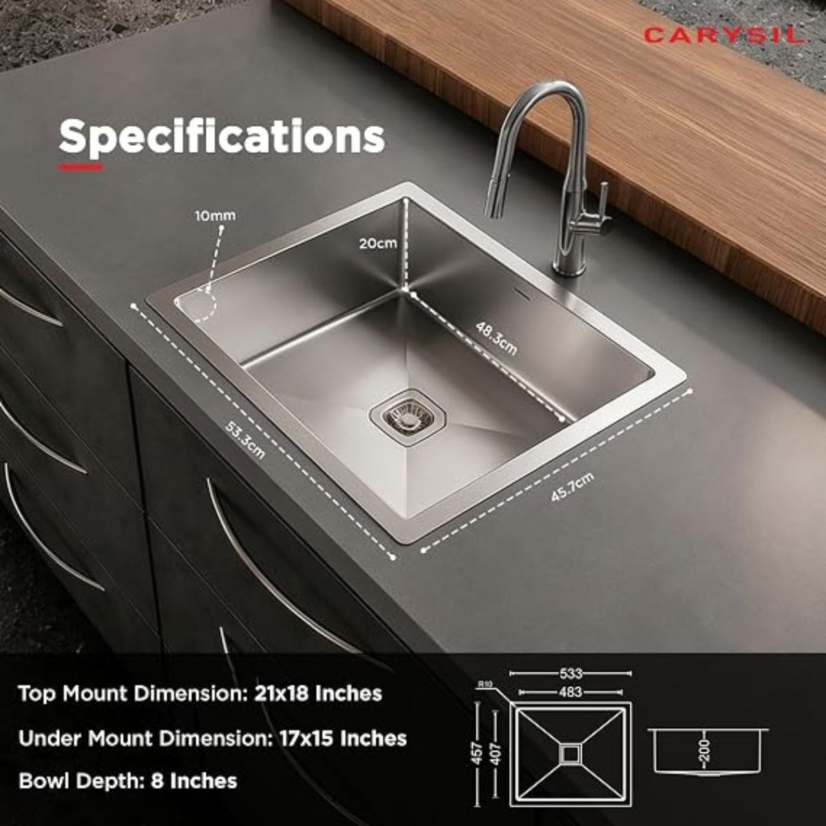 Carysil Micro Radius R10 Handmade 304 Stainless Steel Sink 21x18x8 Inches