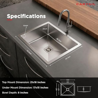 Carysil Micro Radius R10 Handmade 304 Stainless Steel Sink 21x18x8 Inches