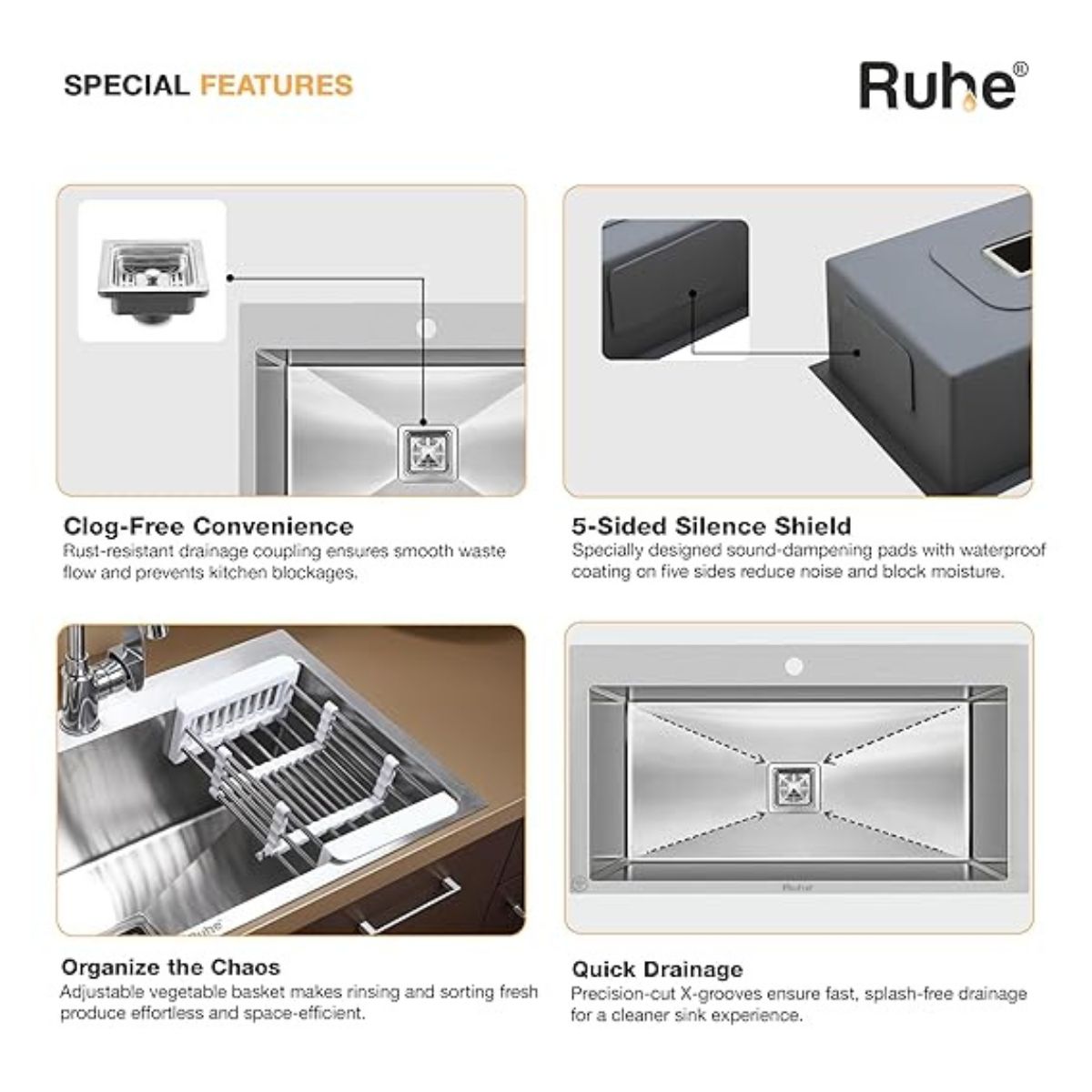 Ruhe Handmade Single Bowl Kitchen Sink with Tap Hole - 32x18x10 inches