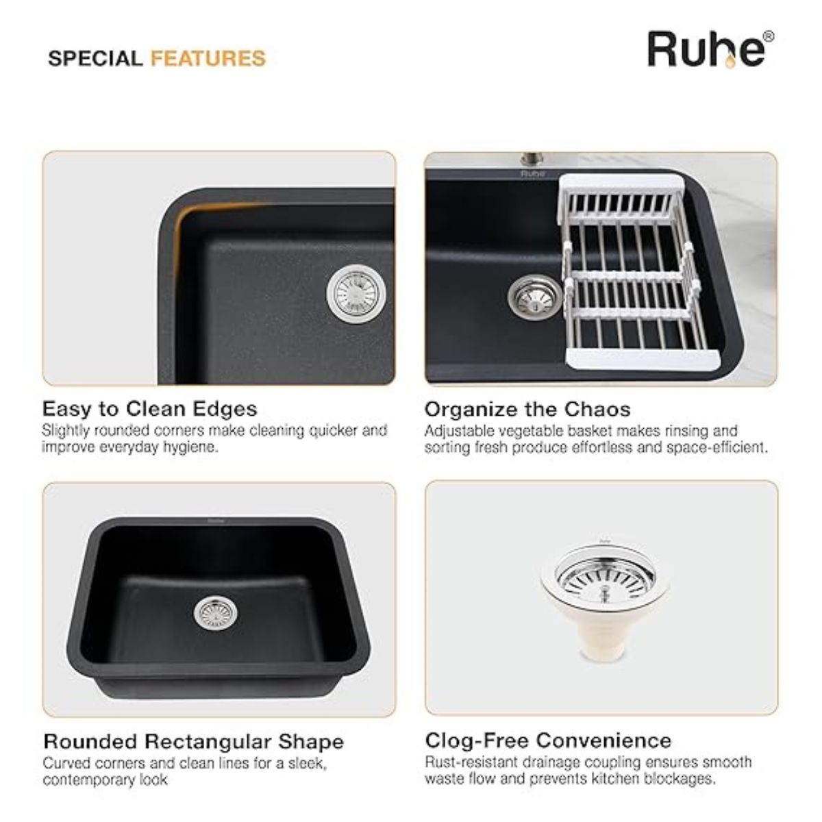 Ruhe Matte Black Quartz Single Bowl Kitchen Sink with Round Corners - 24x18x9 inches
