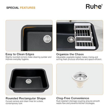 Ruhe Matte Black Quartz Single Bowl Kitchen Sink with Round Corners - 24x18x9 inches