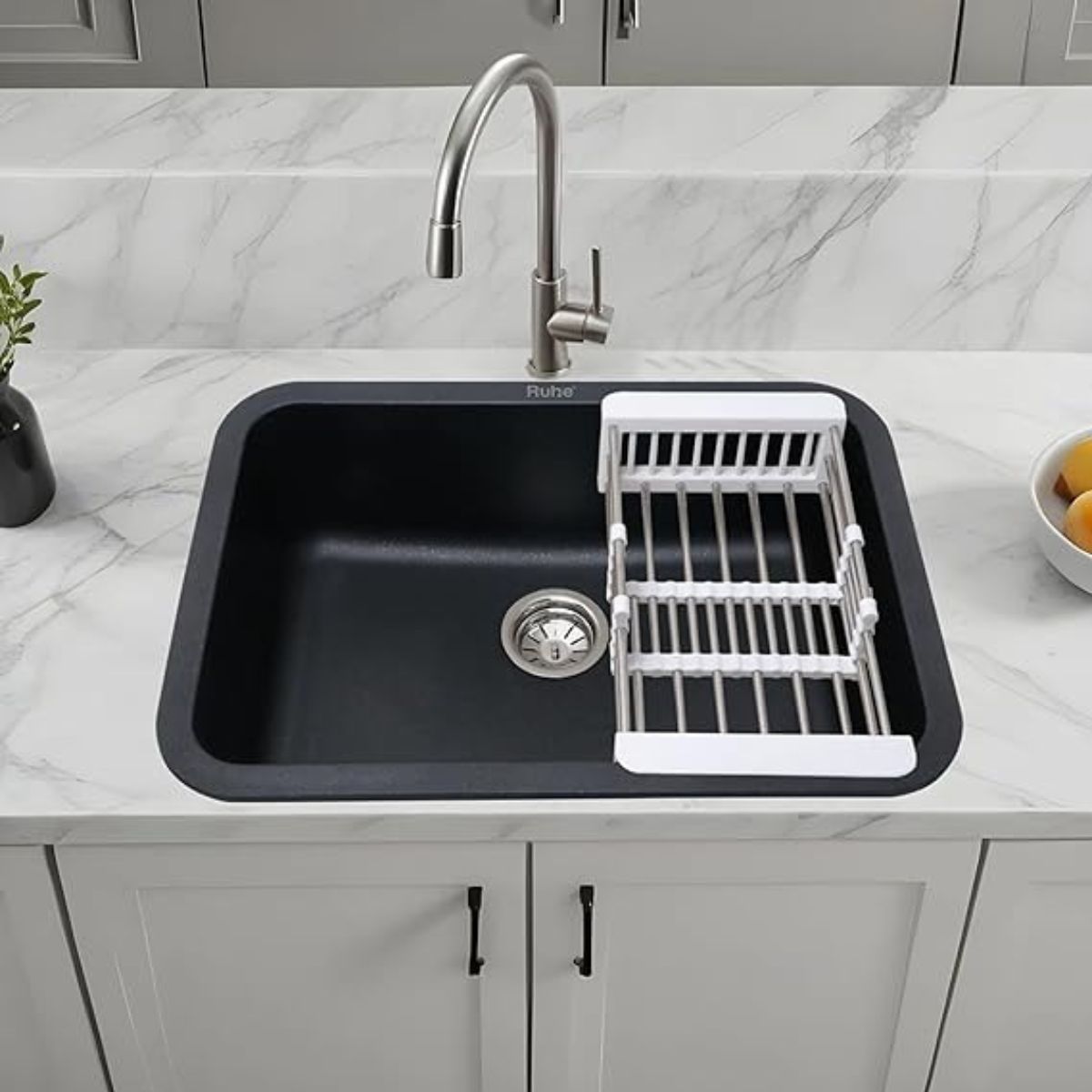 Ruhe Matte Black Quartz Single Bowl Kitchen Sink with Round Corners - 24x18x9 inches