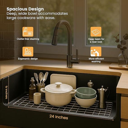 Ruhe Matte Black Quartz Single Bowl Kitchen Sink with Round Corners - 24x18x9 inches