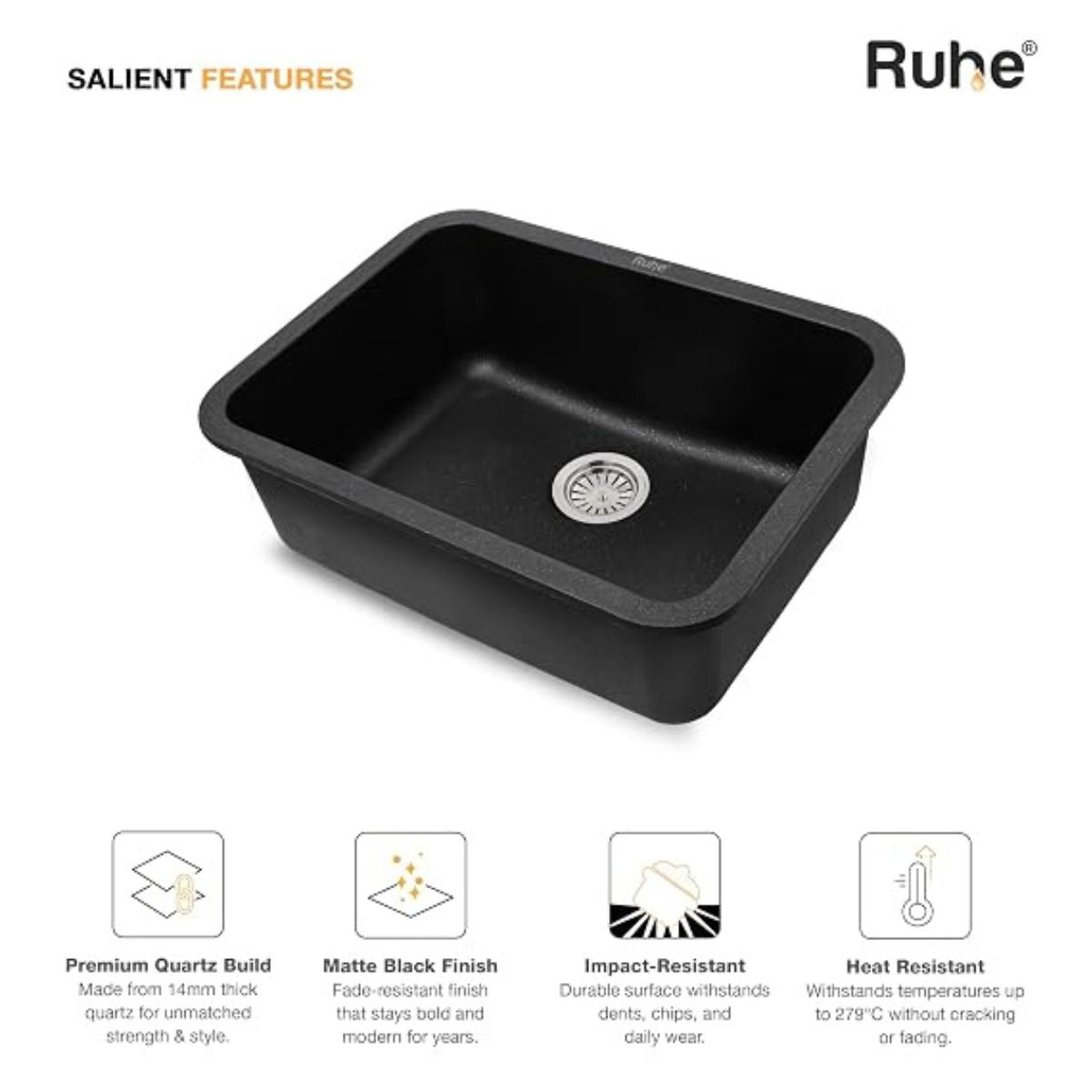 Ruhe Matte Black Quartz Single Bowl Kitchen Sink with Round Corners - 24x18x9 inches