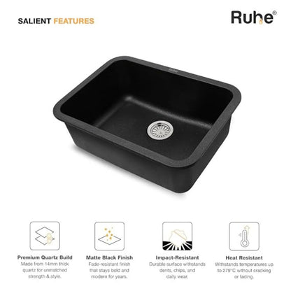 Ruhe Matte Black Quartz Single Bowl Kitchen Sink with Round Corners - 24x18x9 inches