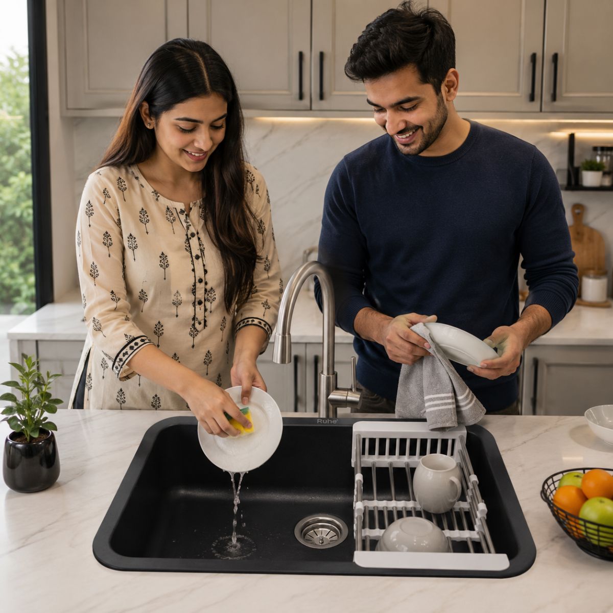 Ruhe Matte Black Quartz Single Bowl Kitchen Sink with Round Corners - 24x18x9 inches