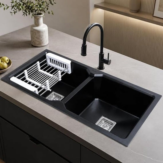 Ruhe Matte Black Quartz Double Bowl Kitchen Sink - 37x18x9 inches