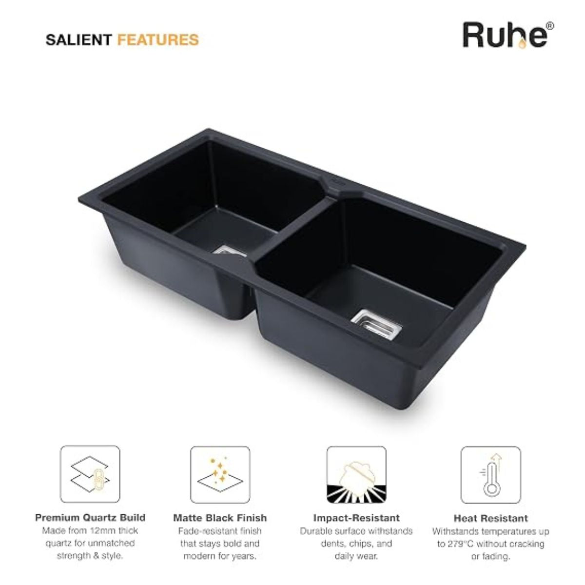 Ruhe Matte Black Quartz Double Bowl Kitchen Sink - 37x18x9 inches