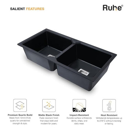 Ruhe Matte Black Quartz Double Bowl Kitchen Sink - 37x18x9 inches