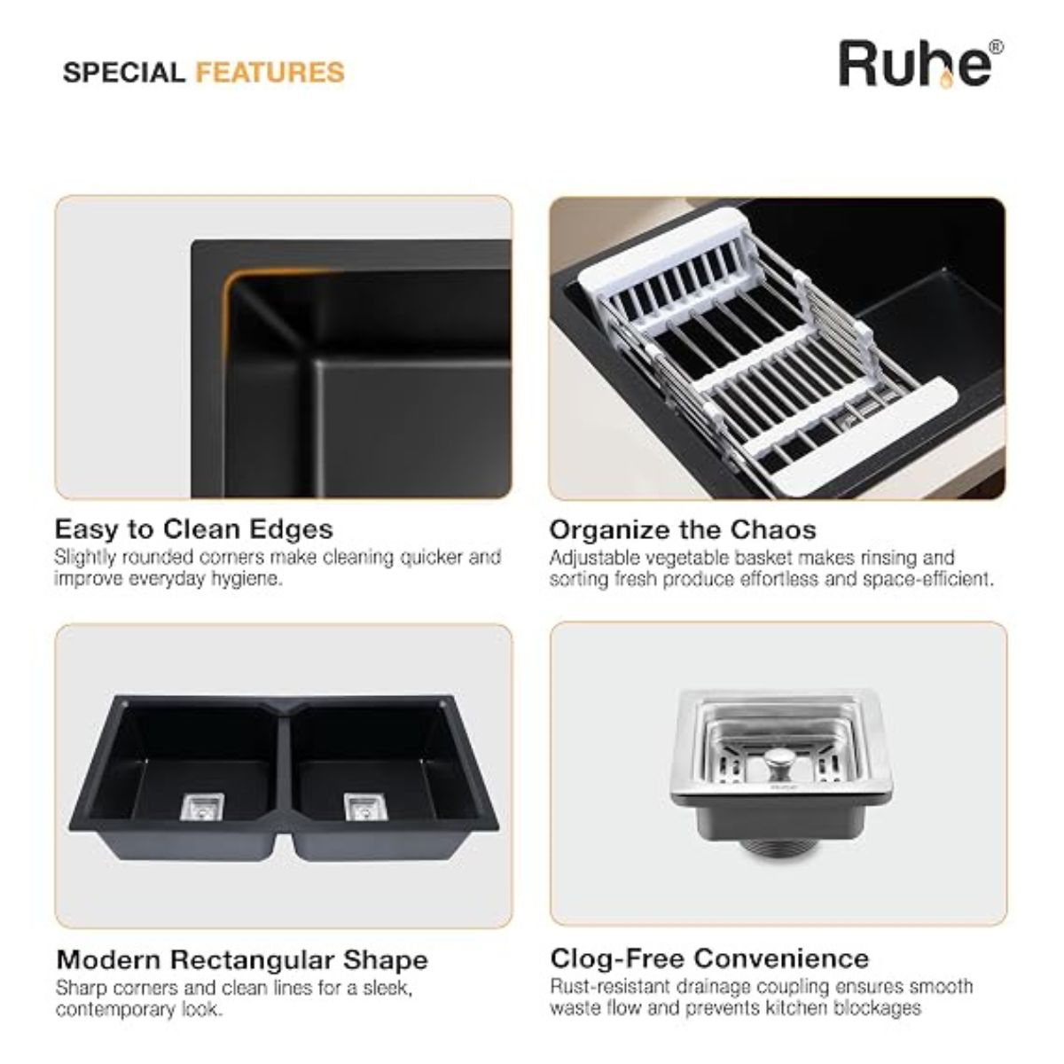 Ruhe Matte Black Quartz Double Bowl Kitchen Sink - 37x18x9 inches